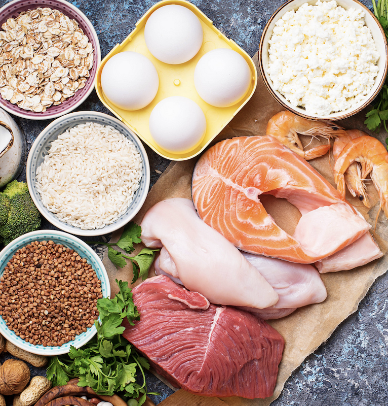 Proteins shown - red meat, fish, eggs. grains